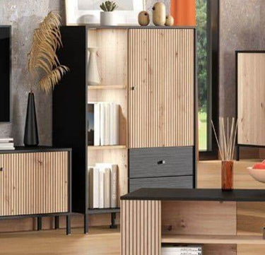 Clifton Slatted Artisan Oak Effect Black Low Display Cabinet - UK Luxury Furniture